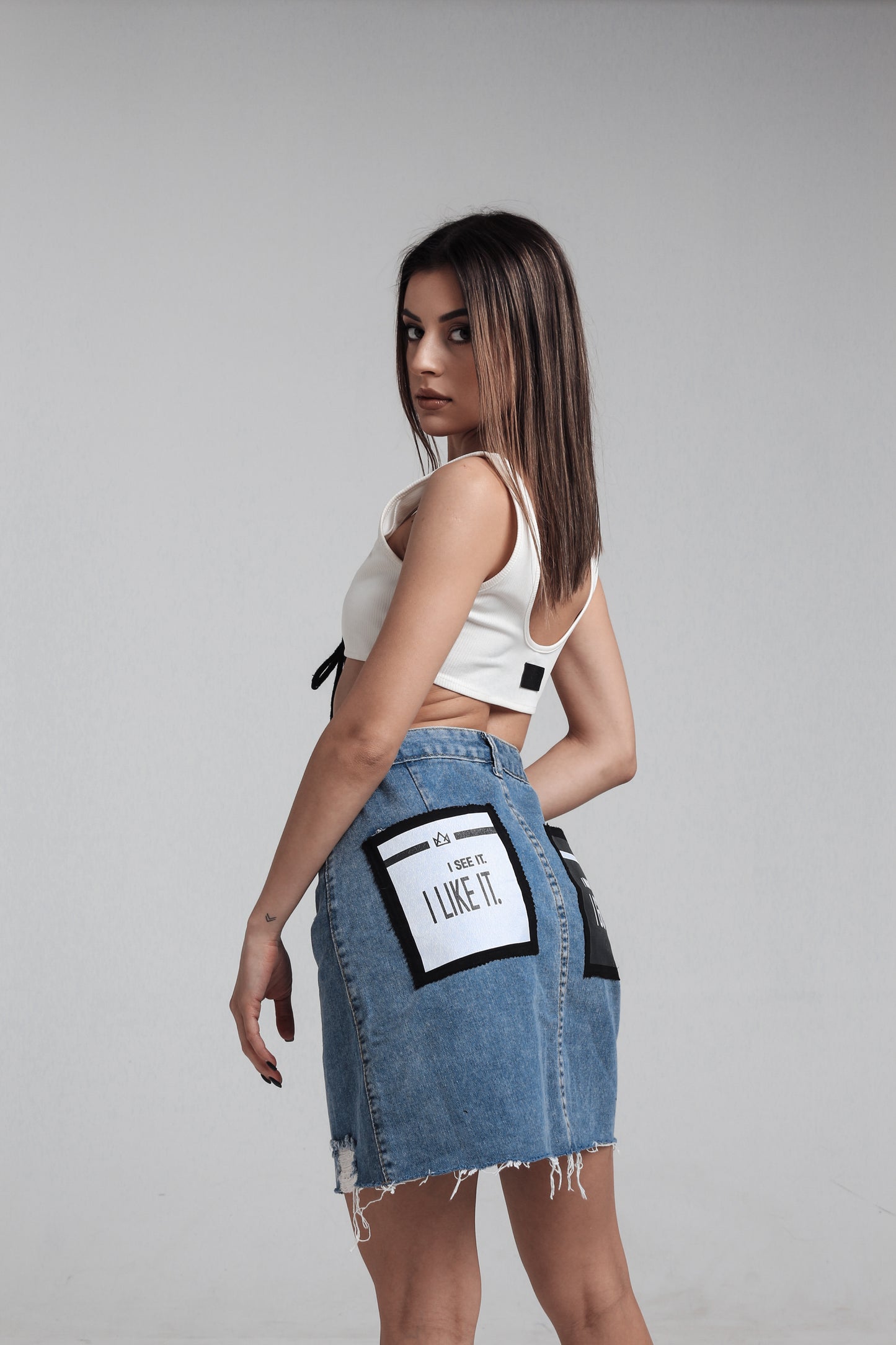 Women Denim High Waist Skirt Print Pockets