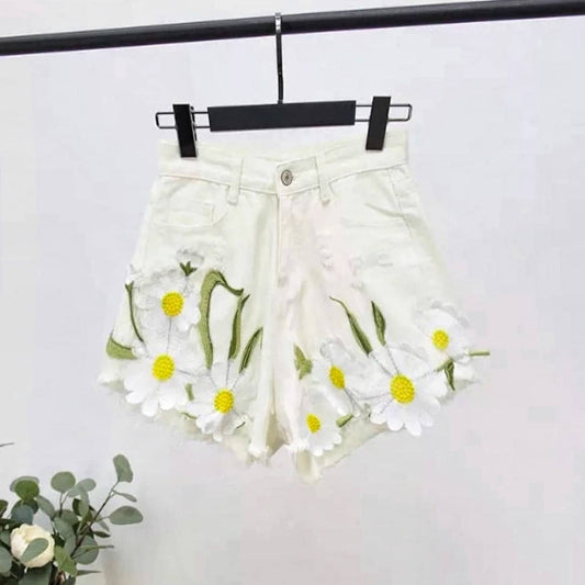 Women High Waisted Flowers Denim Pants