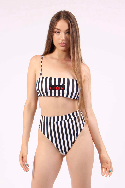 High Waisted Bikini – Black And White Stripe