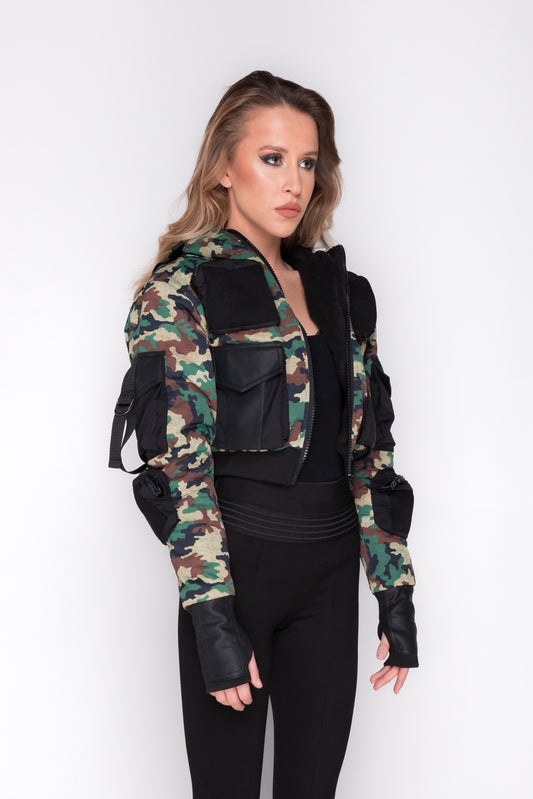 Women Puff Winter Jacket With Pockets In Camouflage