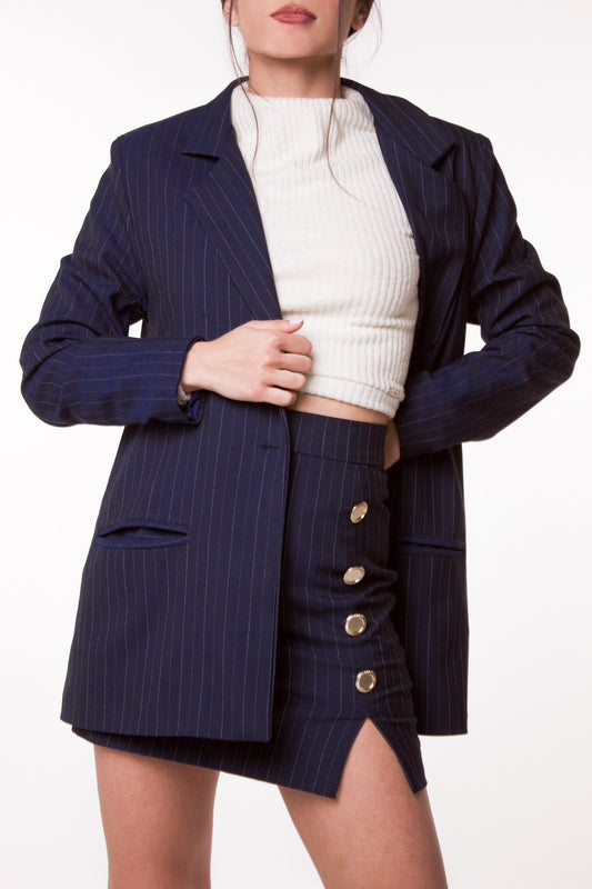 Women Dark Blue Stripe Pattern Elegance And Classy Blazer